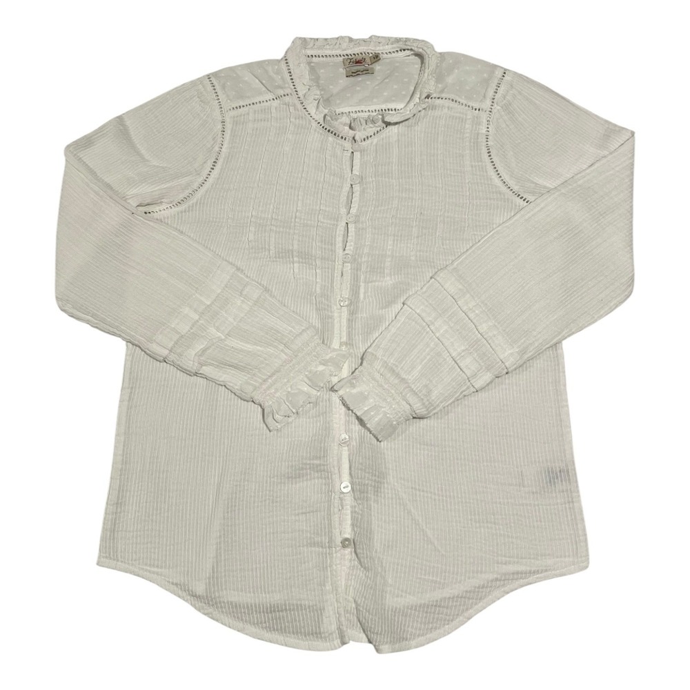 Faherty Organic Cotton Ruffle‎ Collar Button Shirt White Women's Size Small